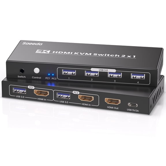 4K@60Hz HDMI KVM Switch 1 Monitors 2 Computers with 4 Port USB 3.0 Hub, 2 Port HDMI KVM Switch for 2 Computers Share 1 Set of Keyboard, Mouse and 1 Monitor