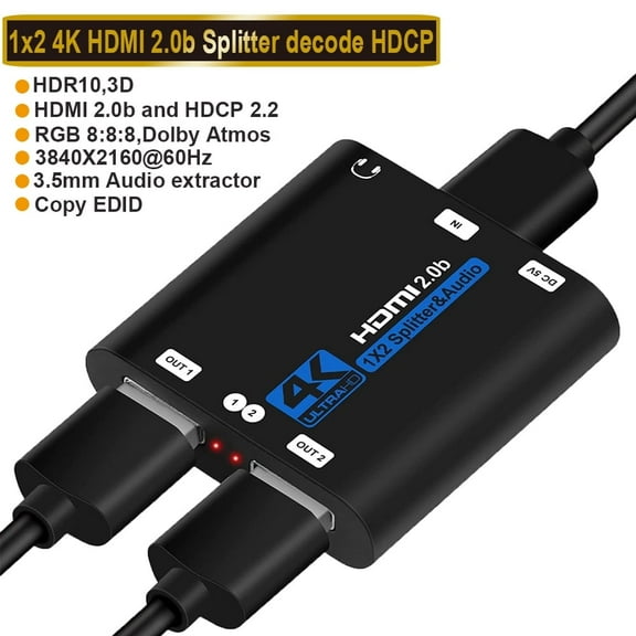 4K@60Hz HDMI Splitter 1x2,AUBEAMTO HDMI Splitter 1 in 2 Out for Dual Monitor, Supports Auto Scaling, HDCP 2.2, HDMI 2.0b, RGB 8:8:8, HDR 10, 3D for Xbox PS4/5