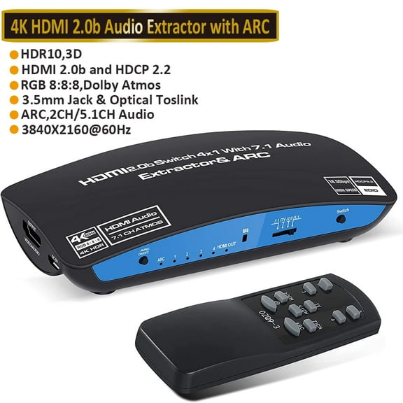 4K@60Hz HDMI Switch 4x1 with 7.1 Audio Extractor, AUBEAMTO 4 Port HDMI2.0b Switch Box with HDMI Atmos 7.1CH/ Optical 5.1CH/3.5mm Audio Out, HDMI Selector Switch with Remote