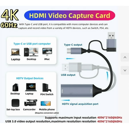 4K 60Hz Video Capture Card USB 3.0 Type C HD Video Record Box Game Grabber U3 Plus for Switch Xbox PS4 PS5 PC Live Streaming