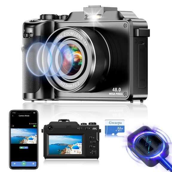 4K 64MP Dual Lens Vlogging Camera 18X Zoom 3.0" Screen Autofocus 32GB Card Webcam Rechargeable Battery Compact Travel Camera for Teens Gift Black