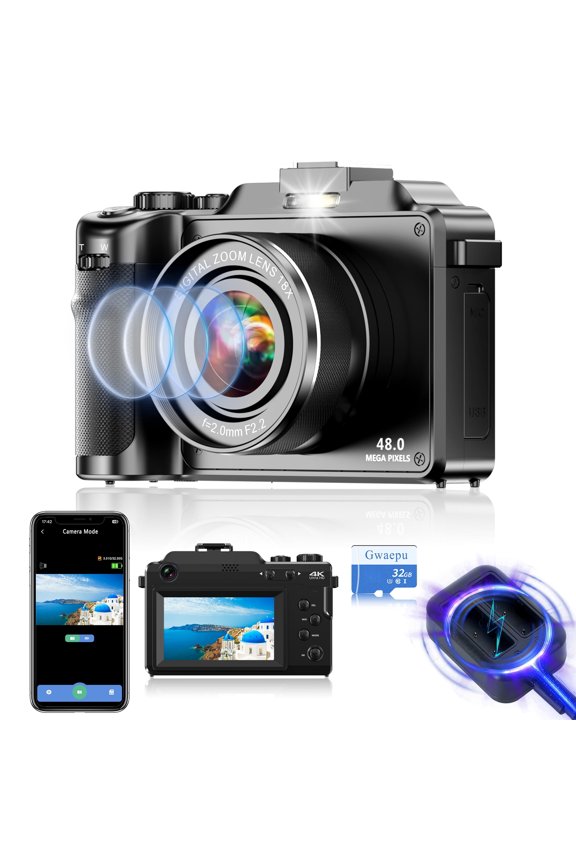 4K 64MP Dual Lens Vlogging Camera 18X Zoom 3.0" Screen Autofocus 32GB Card Webcam Rechargeable Battery Compact Travel Camera for Teens Gift Black