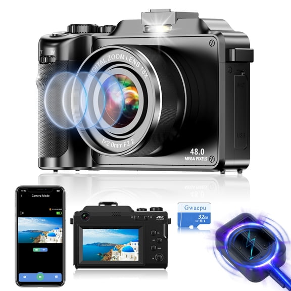 4K 64MP Dual Lens Vlogging Camera 18X Zoom 3.0" Screen Autofocus 32GB Card Webcam Rechargeable Battery Compact Travel Camera for Teens Gift Black