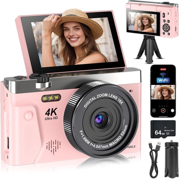 4K 75MP Digital Camera for Photography with Tripod,2026 Upgraded WiFi Vlogging Camera for YouTube with 3" 180?Flip Screen 18X Zoom Fill Light Compact Vlog Camera for Beginner Teens(64GB Card)