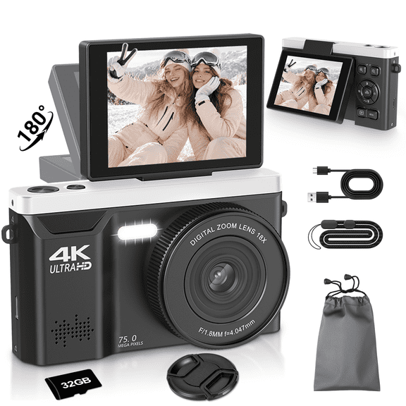 4K Digital Camera with 75MP Photo, 18X Digital Zoom, 2.8" HD Display, Autofocus, Webcam Mode & LED Fill Light for Vlogging, Travel and Everyday Photography