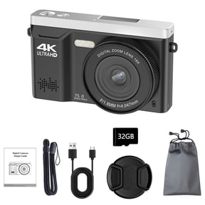 4K 75MP Digital Camera with 18X Zoom, 2.8" Screen, Webcam Function, Autofocus, LED Fill Light, 32GB Card, 2 Stickers & OTG Reader