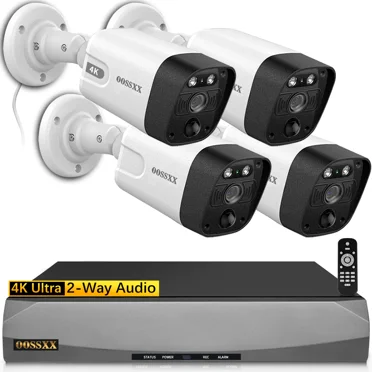{4K/8.0 Megapixel & 130° Ultra Wide-Angle} 2-Way Audio PoE Outdoor Home Security Camera System, 4 Wired Outdoor Surveillance IP Cameras System