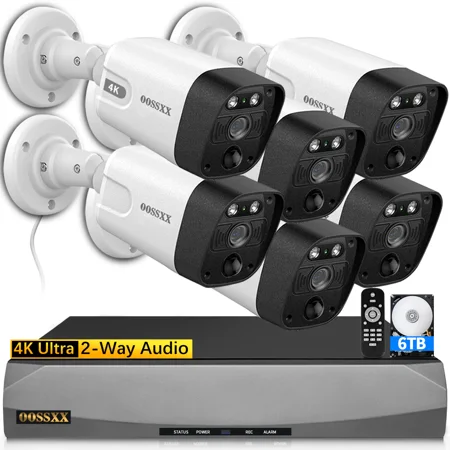 OOSSXX 4K Wired Security Camera System,6 Poe Cameras with Motion Detection,6TB Hard Drive Included
