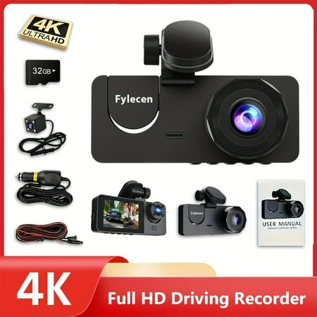 4K/8K 3-Channel Front & Rear Built-in Dash Cam, Full UHD Car Camera with Infrared Night Vision, 32GB SD Card, Loop Recording, WDR, 24H Parking Mode - YX15 | Father's Day Valentine's Day Gift