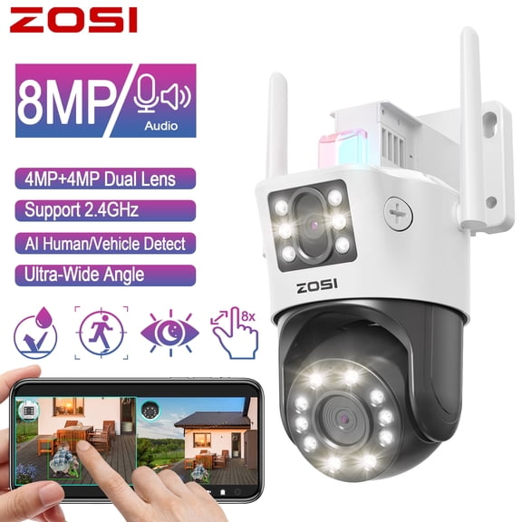 4K 8MP Dual Lens PTZ Security Camera, ZOSI 2.4ghz WiFi Security Camera Outdoor with 8X Hybrid Zoom, Two Way Audio, AI Person/Vehicle Detect, Spotlight Siren, Color Night Vision