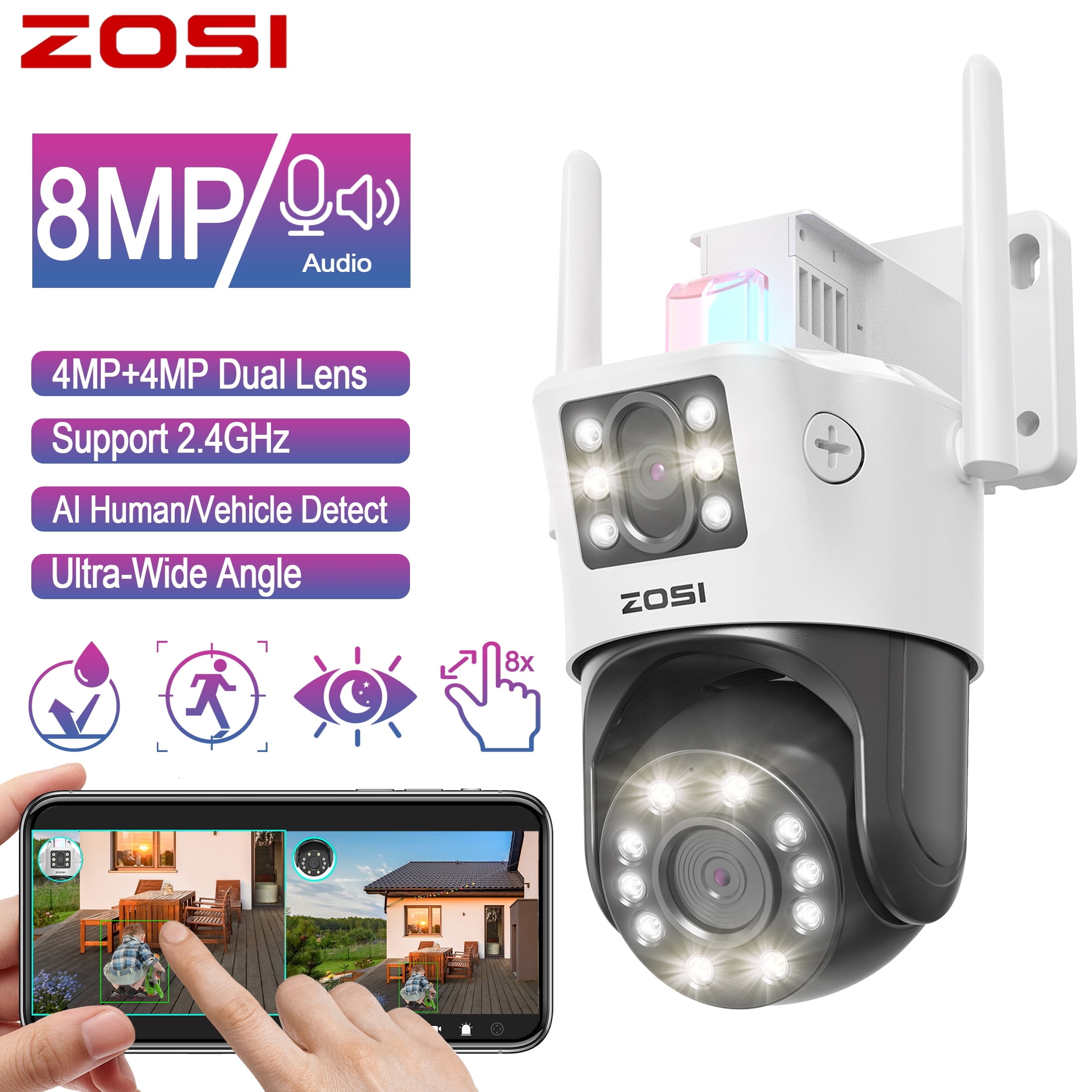 4K 8MP Dual Lens PTZ Security Camera, ZOSI WiFi Security