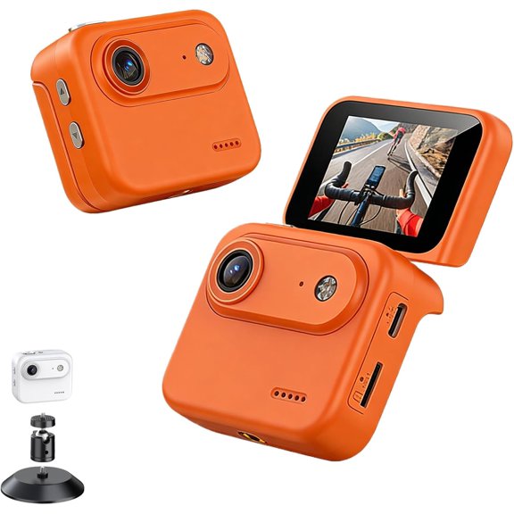 4K Action Camera, 180° Flip Touch Screen Mini VLOG Recorder with Built-in Fill Light, 6-Axis Anti-Shake Sports Camera for Cycling & Travel, 143° Wide-Angle Pocket Cam (Orange, Camera only)