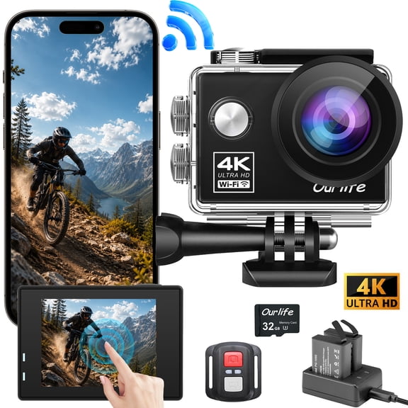 4K Action Camera, 24MP Dual Screen 40M Waterproof Underwater Camera for Snorkeling and Biking EIS Stabilization, WiFi App Control 2 Batteries