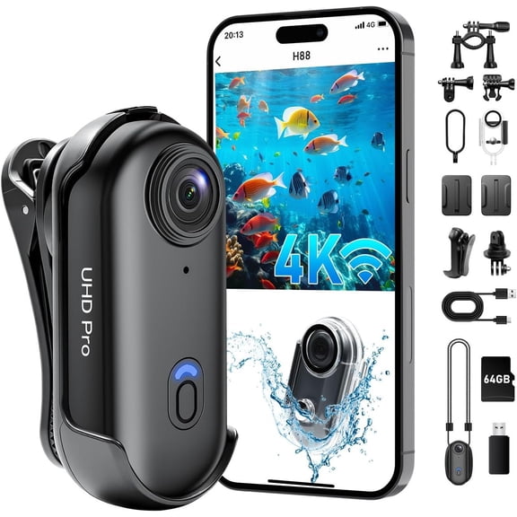 4K Action Camera, Wearable  Camera with 64GB, Hands-Free Recording WiFi POV Camera with  Case,  clip, Thumb Size  Cam Portable Camcorder for Cycling, Hiking, Fishing, Vlogging