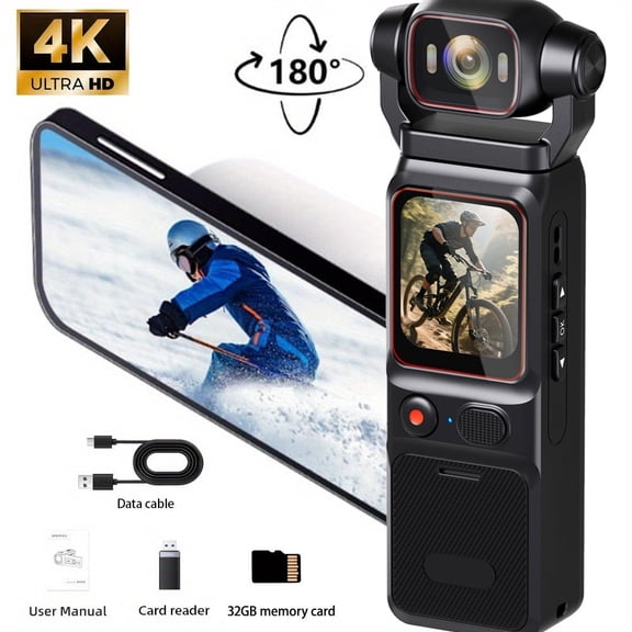 4K Action Camera with 3000mAh Battery, 6-Axis Stabilization, 1.69'' HD Touchscreen, 160 Wide Angle, 180 Rotating Lens, 32GB Card Included