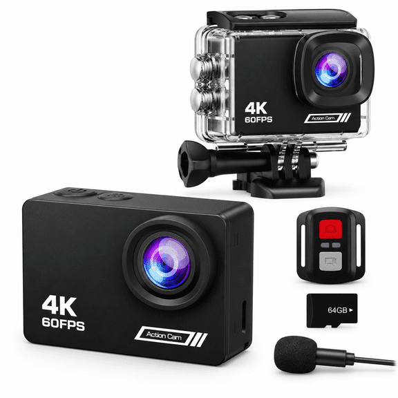 4K Action Camera with 64GB SD Card, Waterproof 131ft Underwater, 20MP, WiFi, 170° FOV, Black