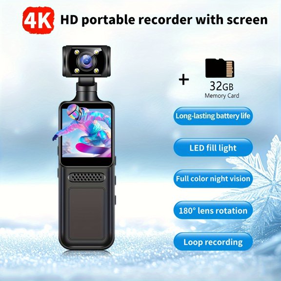 4K Action Camera with Rotating Lens, Night Vision, Loop Recording, 32GB Card - Wearable for Skiing Cycling Outdoor