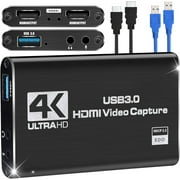 4K Audio Video Capture Card, USB 3.0 HDMI Video Capture Device 4K HDMI Loop-Out, 1080P 60FPS/2K 30FPS For Game Recording, Live Streaming, BroadcastingBlack