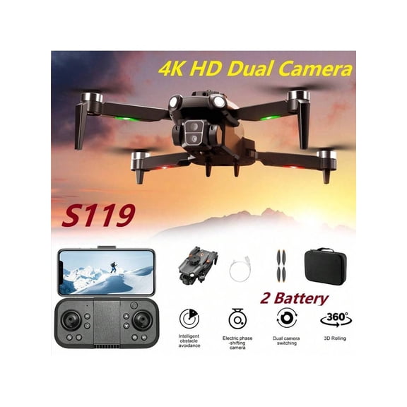 4K Brushless Motor Drone with Obstacle Avoidance - S119 Foldable FPV RC Quadcopter for Adults and Beginners, Smart Return Home and Optical Flow Positioning, Black Christmas Gift