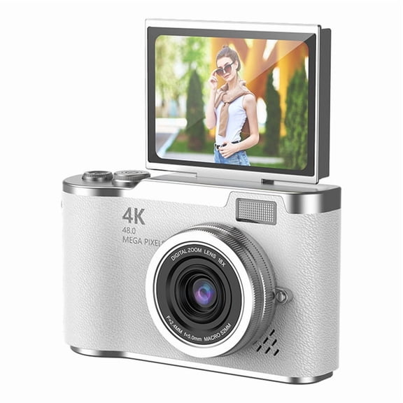 4K CCD 8X Digital Zoom Camera for Student 48MP Compact Digital Photography Camera 180 Flip Screen Selfile Camera White