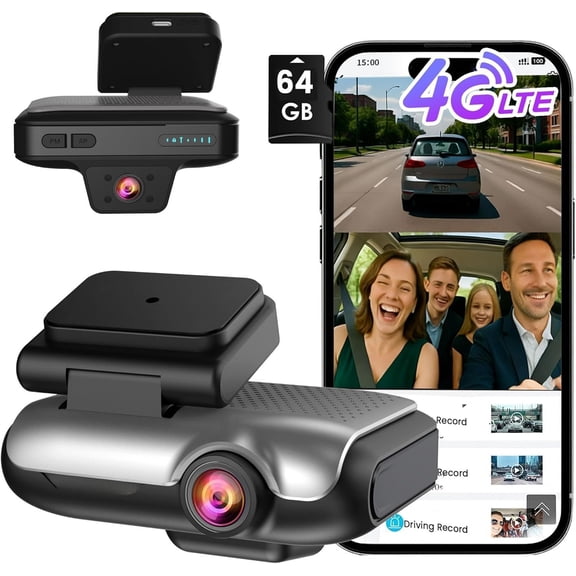 4K  Cam Front Inside,  Camera 4G LTE Remote Live View,   Camera with 64GB Card, GPS , 24H Parking Mode, IR Night Vision, Voice Control, App , Cloud Storage, OBD