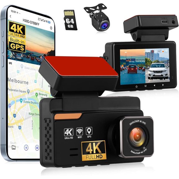 4K Cam Front and Rear, 4K+1080P Camera for with 64G Card, GPS, BSD/ADAS/LCA Night Vision WDR WiFi &App Control G-Sensor 3" IPS Screen Loop Recording 24H Parking Mode