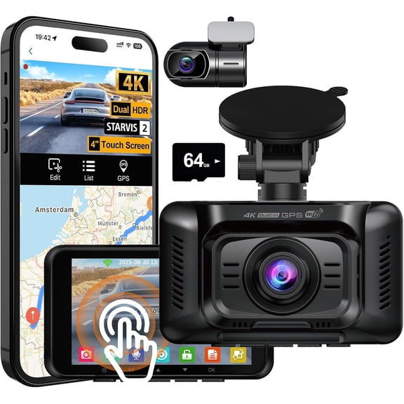 4K Cam Front and Rear, HDR Camera with STARVIS 2, Dashcam with 64GB Card, Camera with 4" Screen, -in 5G WiFi GPS, Voice Control, Night Vision, 24H Parking Mode