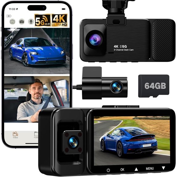4K Cam Front and Rear Inside, 3 Camera for with 64GB SD Card, 5G WiFi Cam, APP Control, Night Vision, 3" IPS Screen, G-Sensor, Loop Recording, K02 Pro