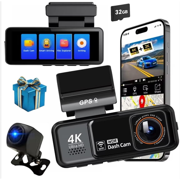 4K+  Cam Front and Rear with WiFi GPS - 32 GB Card -  Lens  Camera with Night Vision, 170? Wide Angle, 3.2 IPS Screen, 24H Parking Mode, Loop Recording, Voice Control, G-Sensor, ADAS