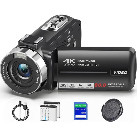 4K Camcorder Video Camera UHD 80MP IR Night Vision Vlogging Camera for YouTube,18X Digital Zoom Camcorder 3.0" 270? Rotation IPS Screen Video Recorder With 32GB SD Card, Lens Cap and 2