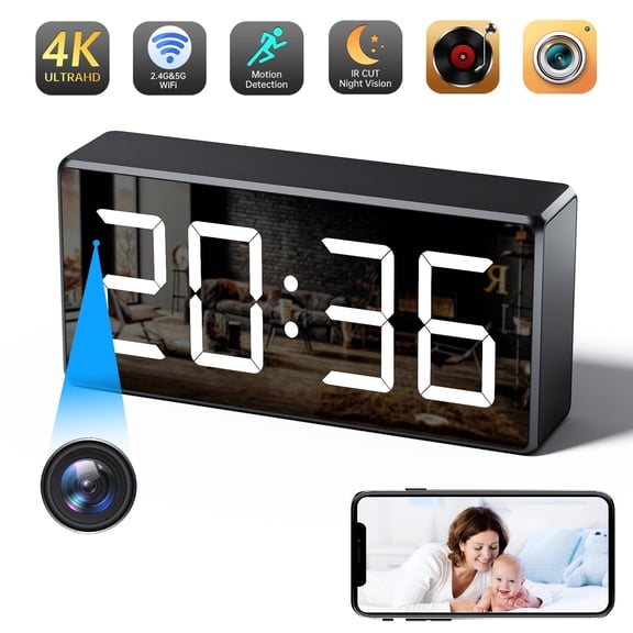 4K Camera Clock WiFi Dual-Band Camera with Night Vision & 166 Wide Angle Motion Detection Remote Live View for Home Indoor