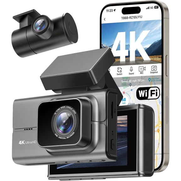 4K  Camera Front and Rear, HDR&WDR Night Vision,  cam with -in WiF, GPS,  Dashcam with 3"  Screen, 170? Wide Angle, Loop Recording, 24H Parking Mode, Supports 256GB Max