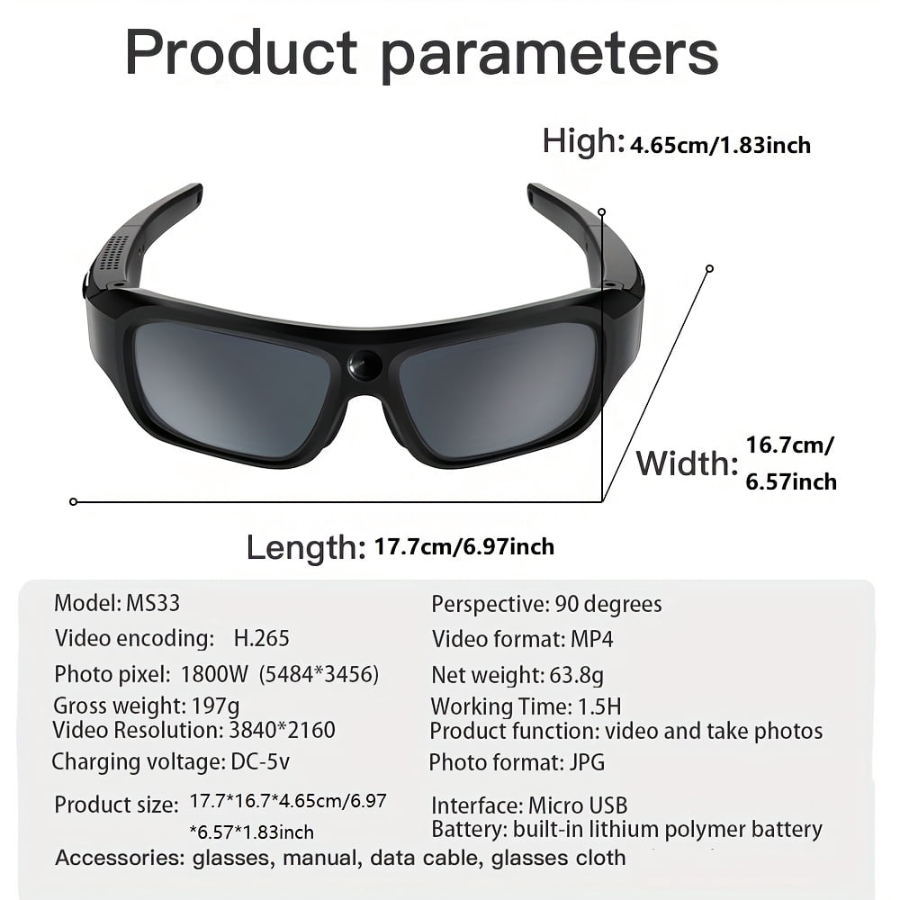 4K Camera Glasses, UHD Video Camera Ultra-clear With 64GB Storage Card, Sports Camera, Bike Video Recorder, Action Cam Glasses Outdoor Sports Camcorder