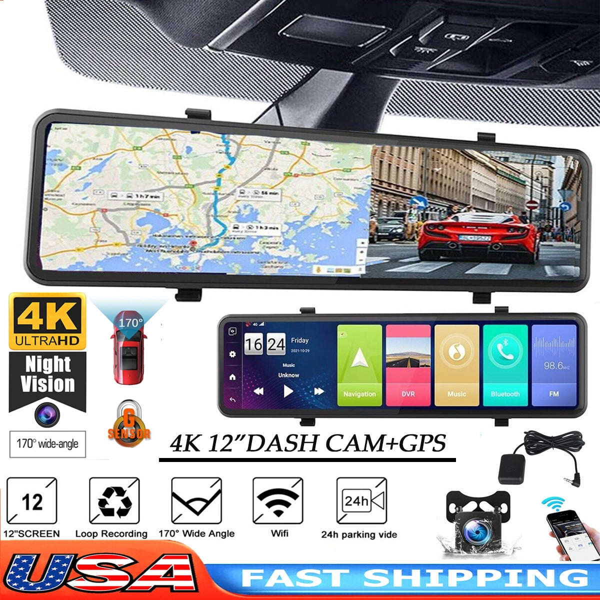 4K Car Mirror Dash Cam 12" Dual Camera Front and Rear Backup Camera