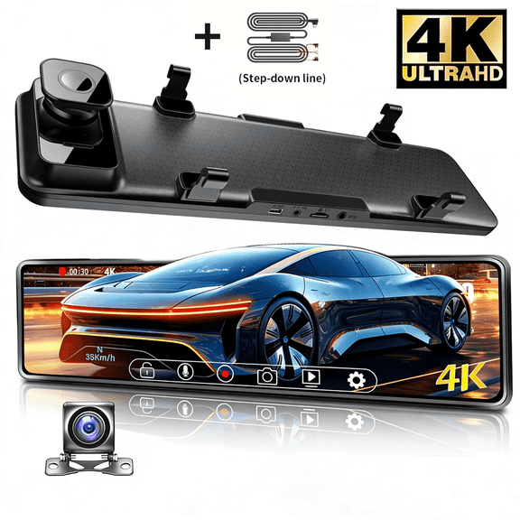 4K Dash Cam | 12-Inch Dash Cam, WDR Night Vision, Parking Assistance, Front 4K & Rear 1080P Camera, Touch Interface, ABS Casing, Lithium Polymer Battery