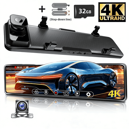 4K Dash Cam | 12-Inch Dash Cam, WDR Night Vision, Parking Assistance, Front 4K & Rear 1080P Camera, Touch Interface, ABS Casing, Lithium Polymer Battery