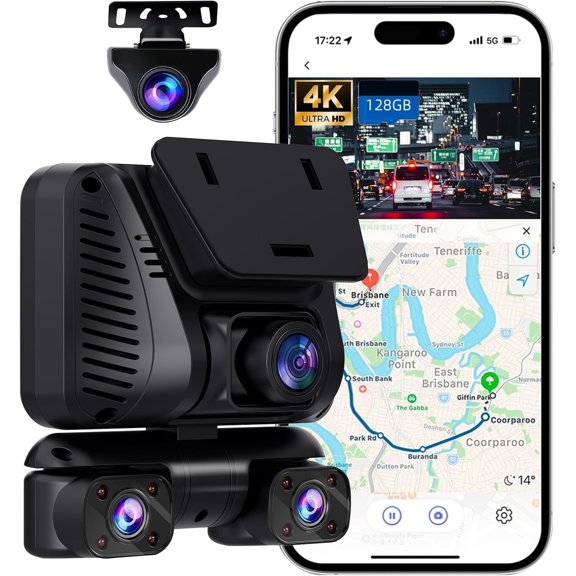 4K Dash Cam 360 View,4 Channel Front and Rear Dash Camera for Cars,Built-in 5GHz Wi-Fi GPS, Voice Control, Free 128G Card,Night Vision,24H Parking Mode,G-Sensor