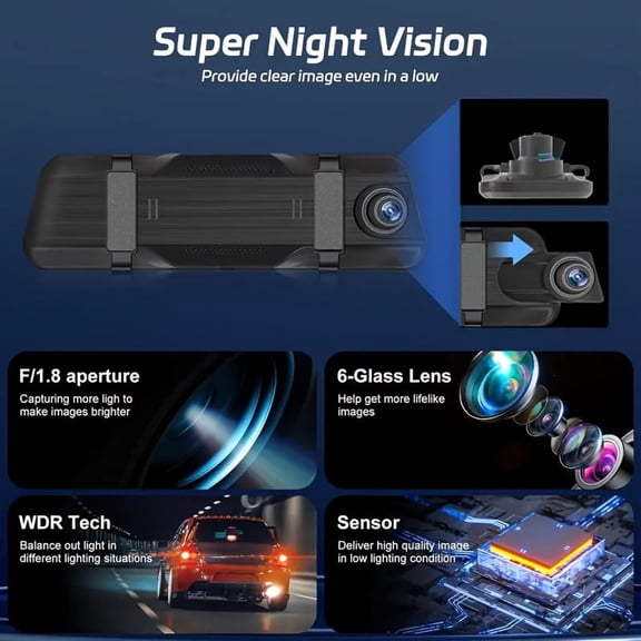 4K Dash Cam 9.66" Touch Screen, Front & Rear Camera, Night Vision, Loop Recording, 32GB Card Included for Car Security & Road Trips