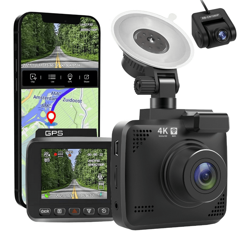 4K Dash Cam, Built-in GPS, WiFi Dash Camera for Cars, 2160P UHD 30fps  Dashcam with APP, 2.4 IPS Screen, Night Vision, WDR, 150° Wide Angle,  24-Hr