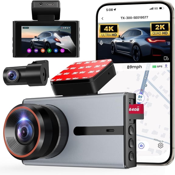 4K Dash Cam Front and Rear 170?/150? Wide ADAS 3.2" IPS Touch Screen Night Vision 24/7 Parking Mode WDR Dash Cam for 5/2.4G WiFi Built-in GPS with 64GB SD Card