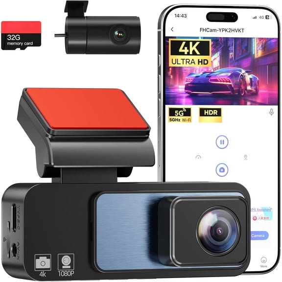 4K Dash Cam Front and Rear 3.2in Mounted Camera for ,Built-in 5GWiFi&G-Sensor,Super Night Vision,HDR, Loop Recording App Control 24 Hours Parking Included 32GB Card
