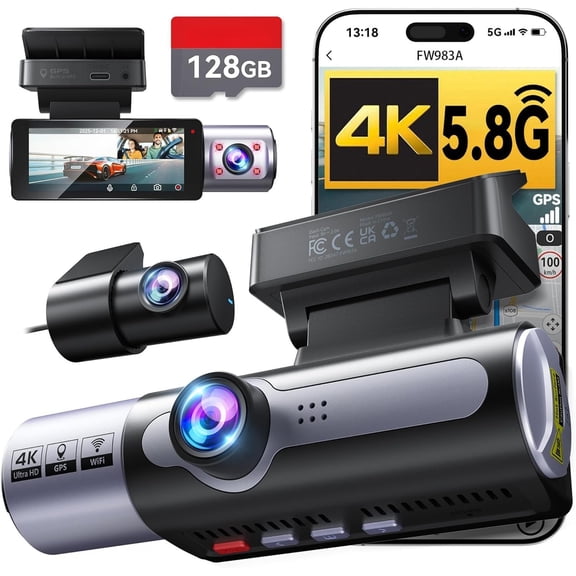 4K Cam Front and Rear, 3 Dashcam, Free 128GB Memory Card, -in 5.8GHz WiFi -in GPS, Sensor, Night Vision, 3.16" IPS, 24H Parking Mode(Black)