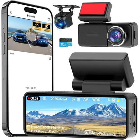 4K Dash Cam Front and Rear, 4K+ Dash Camera for with 5GHz WiFi & APP Control 64GB Included, 3.2" IPS Screen Dual Dashcam 24H Parking G-Sensor Night Vision Loop Recording