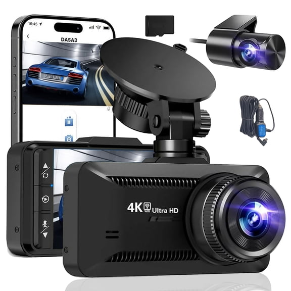 4K Dash Cam Front and Rear with 64GB Card, 3" IPS Screen Dashboard Camera for Cars, Super Night Vision, G-Sensor, Loop Recording, 170° Wide Angle Driving Recorder
