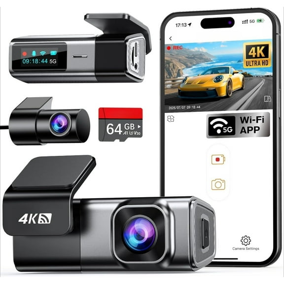 4K Dash Cam Front and Rear with 64GB Card, Built-in 5G WiFi, Dash Camera for Cars 4K Front and 1080P Rear, Dashcams for Cars Loop Recording, Gravity Sensor, 24-Hours Parking Mode