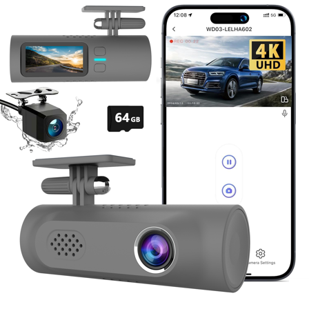 4K Dash Cam Front and Rear with 64GB Card, Ultra HD Dashboard Camera for Cars, 1080P Backup Camera, 170° Wide Angle, WiFi App Control, HDR Night Vision, G-Sensor, 24H Parking Monitor