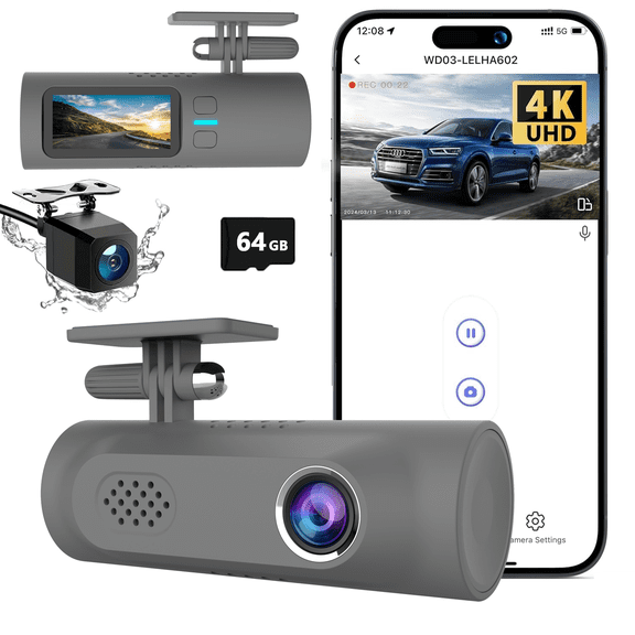 4K Dash Cam Front and Rear with 64GB Card, Ultra HD Dashboard Camera for Cars, 1080P Backup Camera, 170 Wide Angle, WiFi App Control, HDR Night Vision, G-Sensor, 24H Parking Monitor