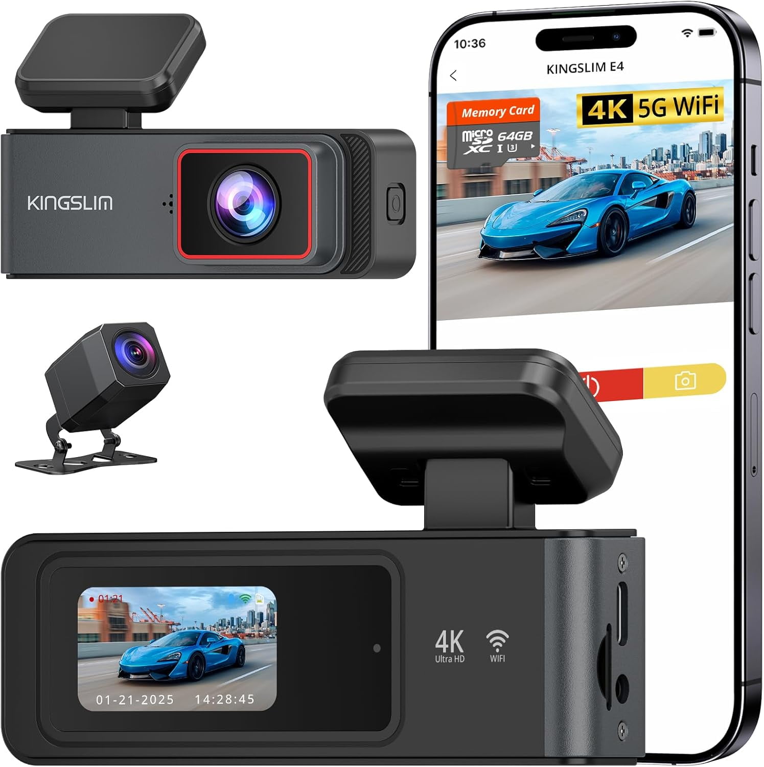 4K Dash Cam Front and Rear with 64GB SD Card, 5G WiFi Dash Camera for ...