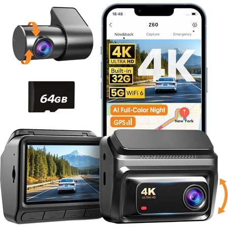 4K Dash Cam Front and Rear,Built-in 32G eMMC Dual Dash Camera,64GB Card Included Dashcam,Night Vision Dash Camera,5GHz WiFi,7 Days Parking Mode,GPS,3" IPS,ADAS,WDR,Support 512GB,Z60