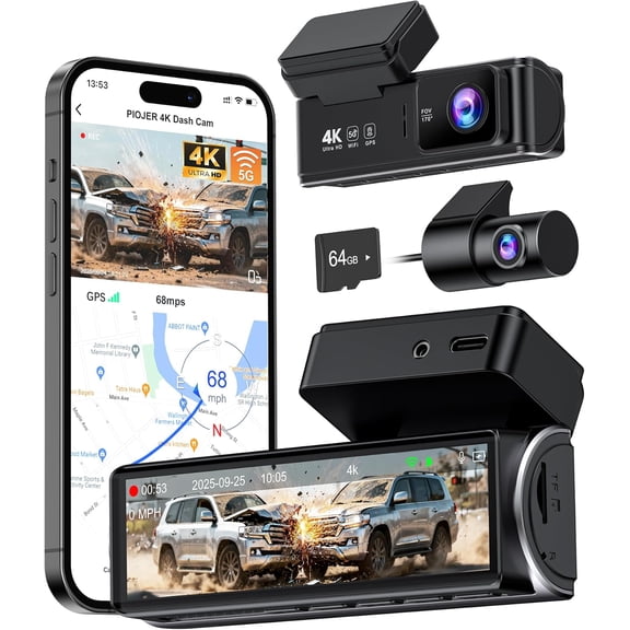 4K Dash Cam Front Rear, Dual Dash Camera for Cars Built in 5GHz/2.4GHz WiFi GPS Dashcam with G-Sensor 24H Parking Monitor Loop Recording WDR Night Vision 170 View Angle APP Control Free 64GB SD Card